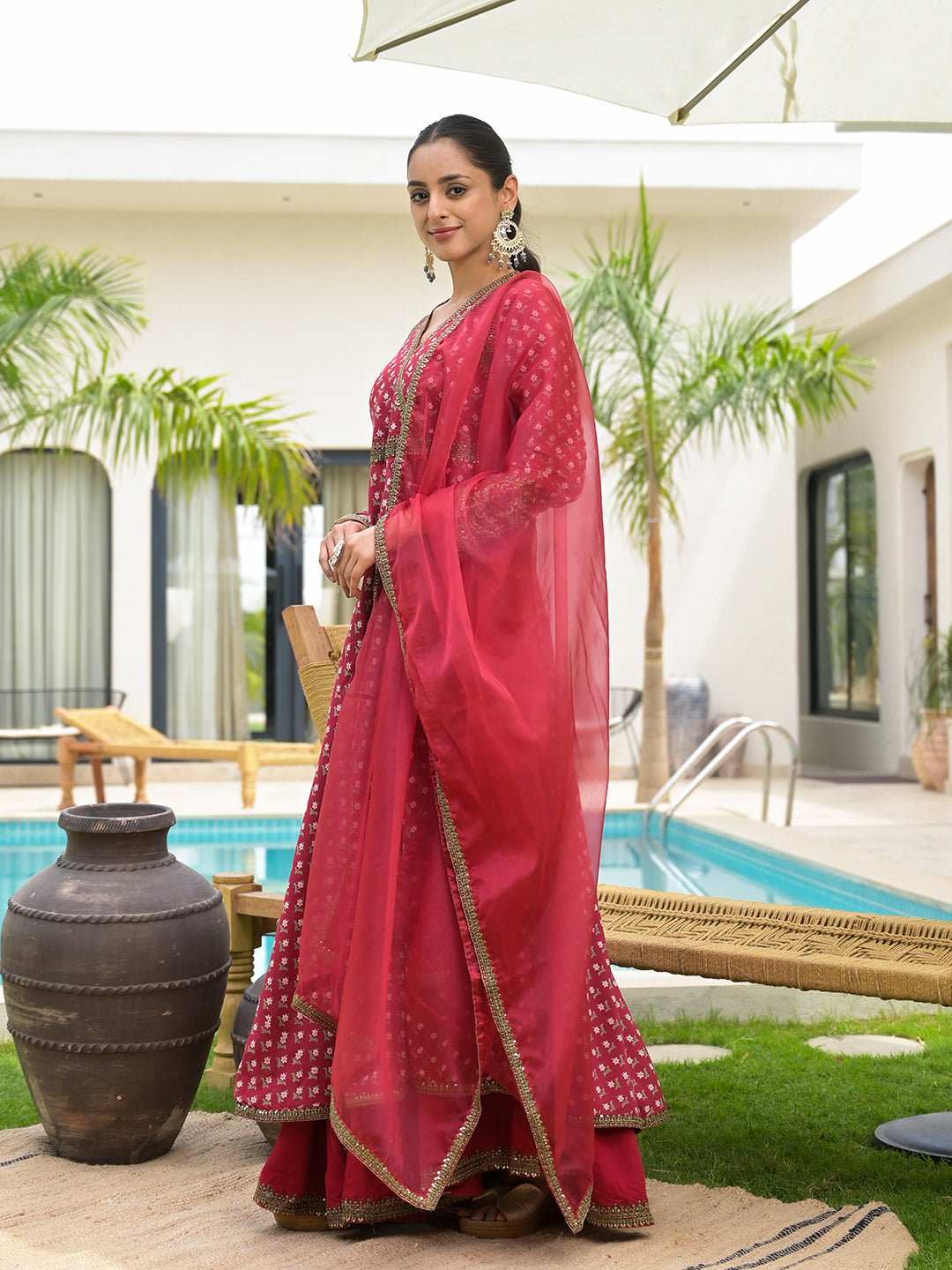 Noe Velarro Maroon Printed & Zari Embroidered Rayon Layered Kurta with Dupatta Set for Women