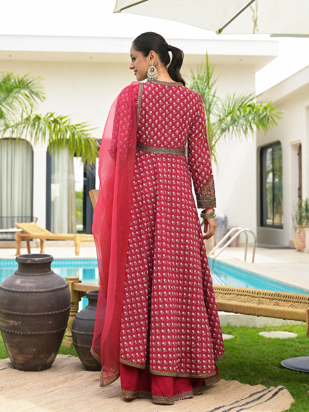 Noe Velarro Maroon Printed & Zari Embroidered Rayon Layered Kurta with Dupatta Set for Women