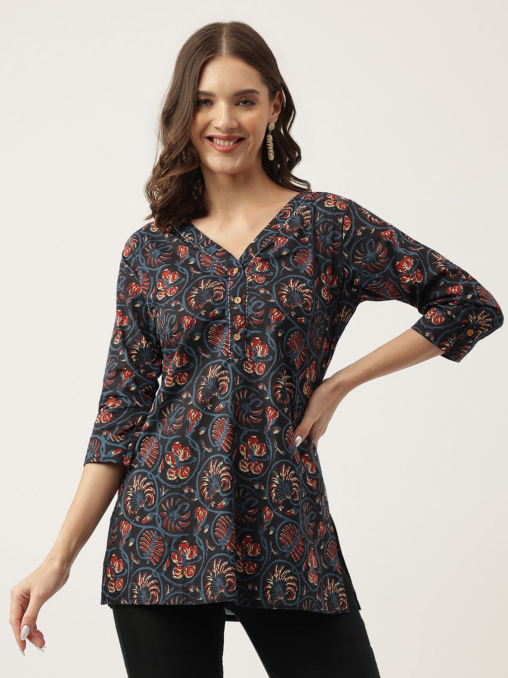 Noe Velarro Navy Blue Floral Printed Cotton Peplum V-Neck Top