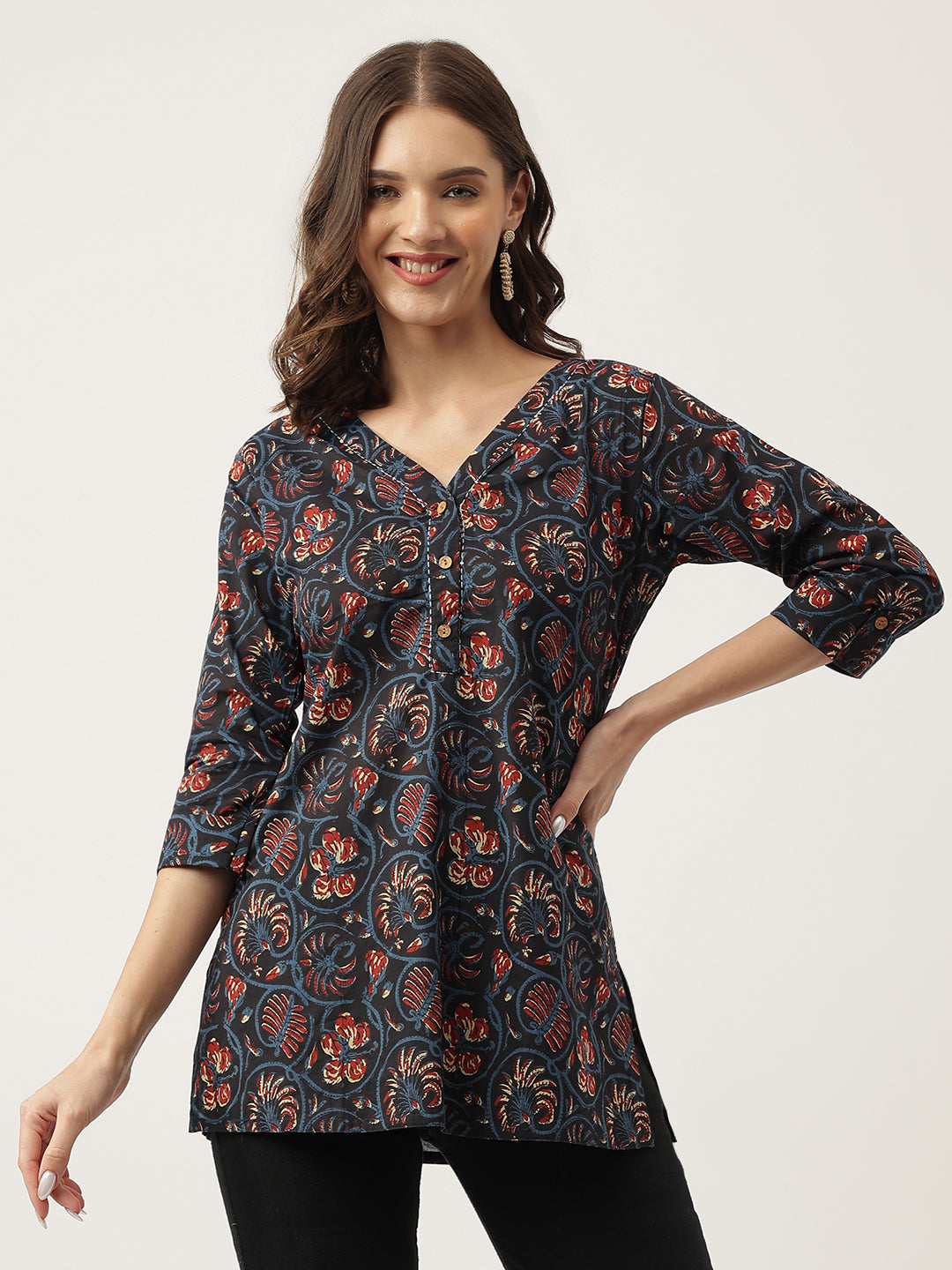 Noe Velarro Navy Blue Floral Printed Cotton Peplum V-Neck Top