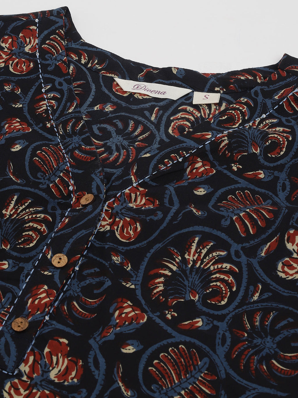 Noe Velarro Navy Blue Floral Printed Cotton Peplum V-Neck Top