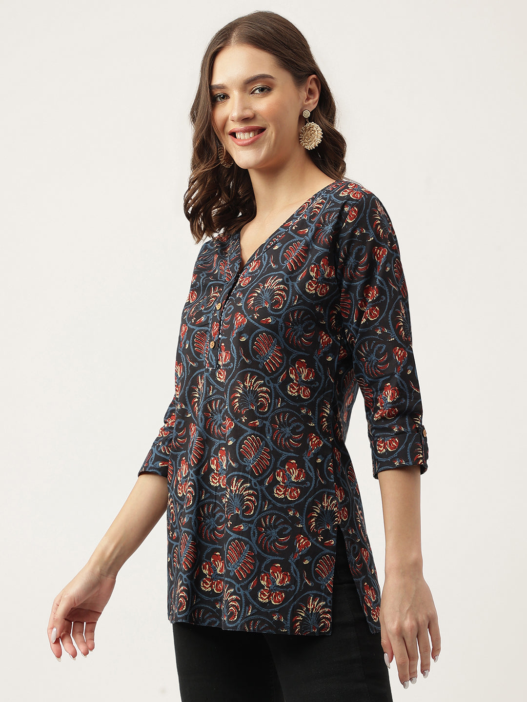 Noe Velarro Navy Blue Floral Printed Cotton Peplum V-Neck Top