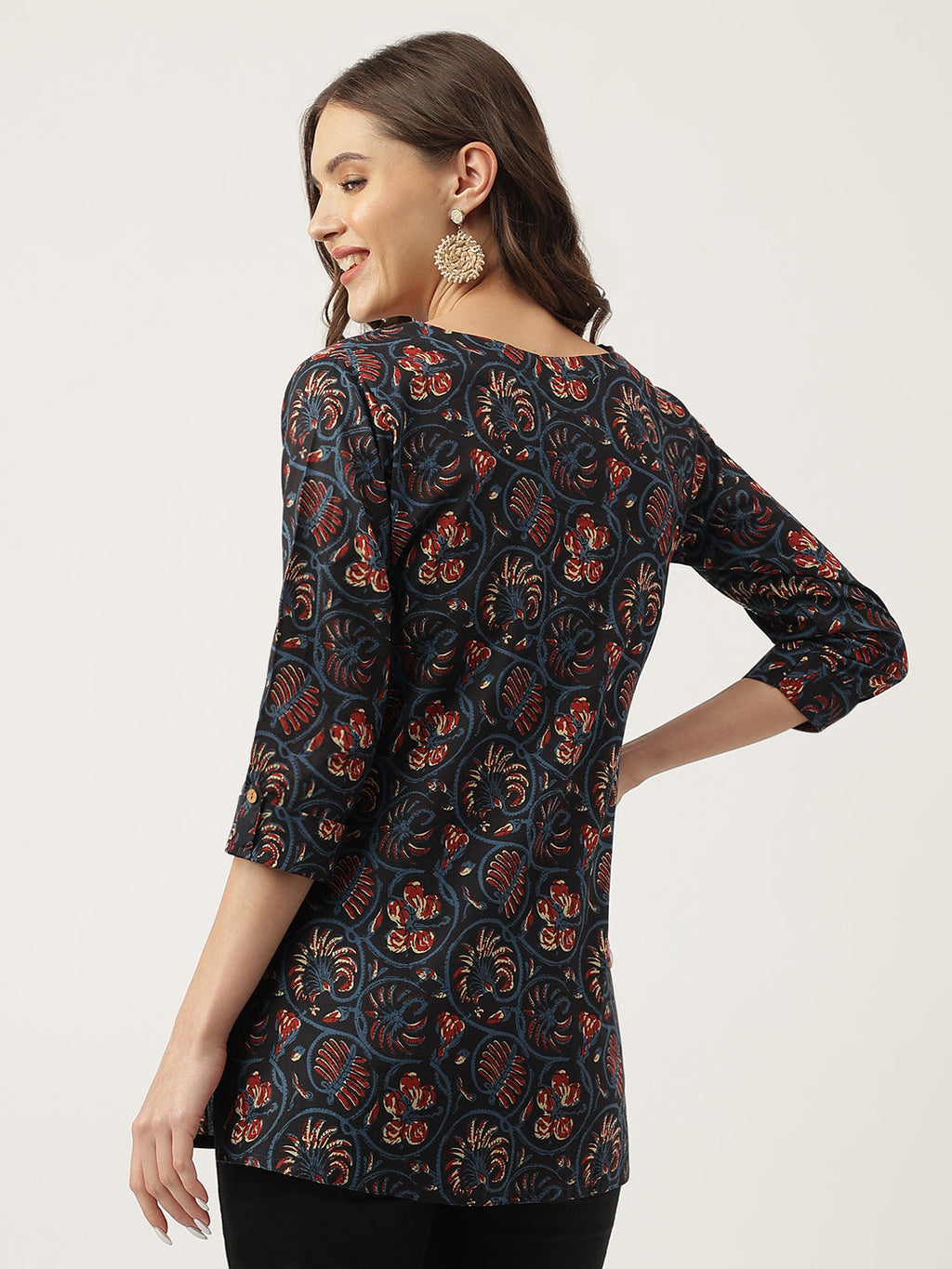 Noe Velarro Navy Blue Floral Printed Cotton Peplum V-Neck Top