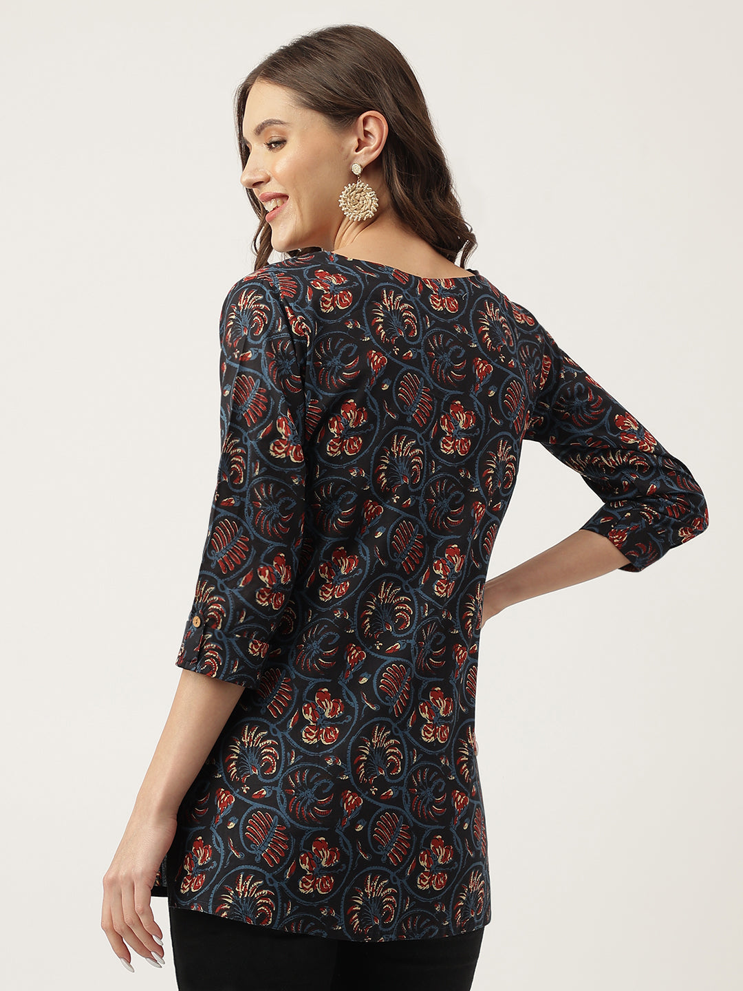 Noe Velarro Navy Blue Floral Printed Cotton Peplum V-Neck Top