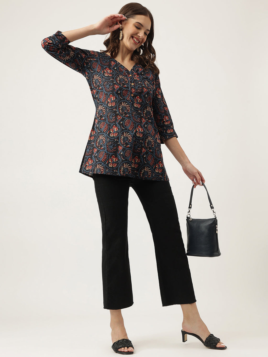 Noe Velarro Navy Blue Floral Printed Cotton Peplum V-Neck Top