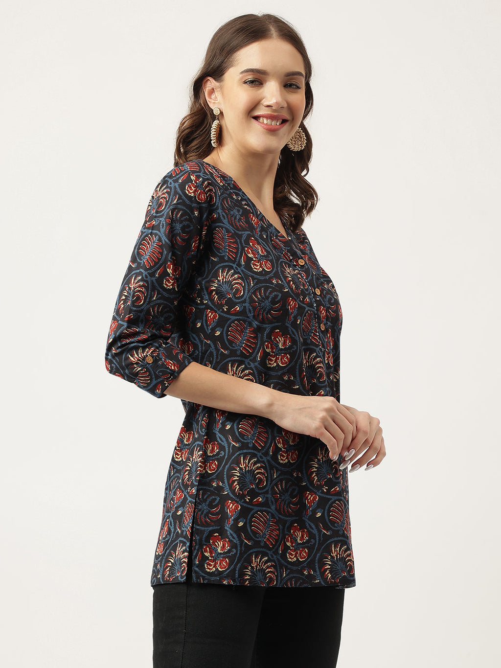 Noe Velarro Navy Blue Floral Printed Cotton Peplum V-Neck Top