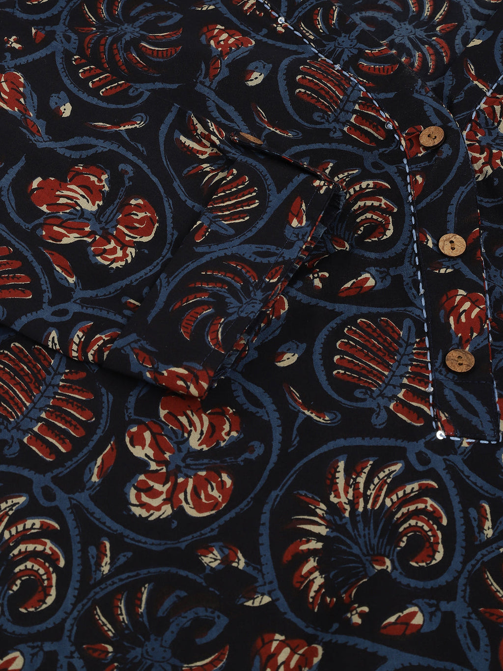 Noe Velarro Navy Blue Floral Printed Cotton Peplum V-Neck Top
