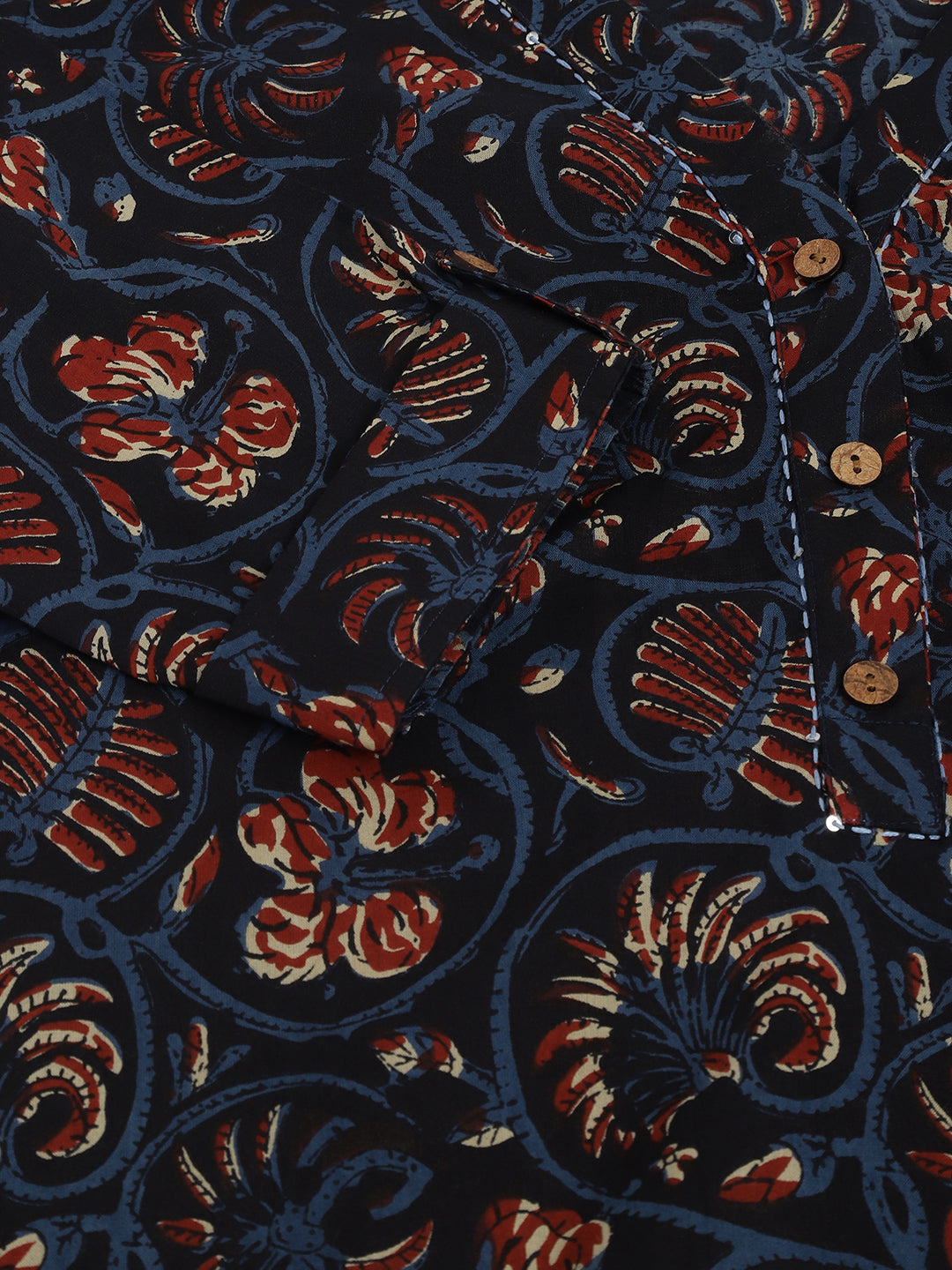 Noe Velarro Navy Blue Floral Printed Cotton Peplum V-Neck Top