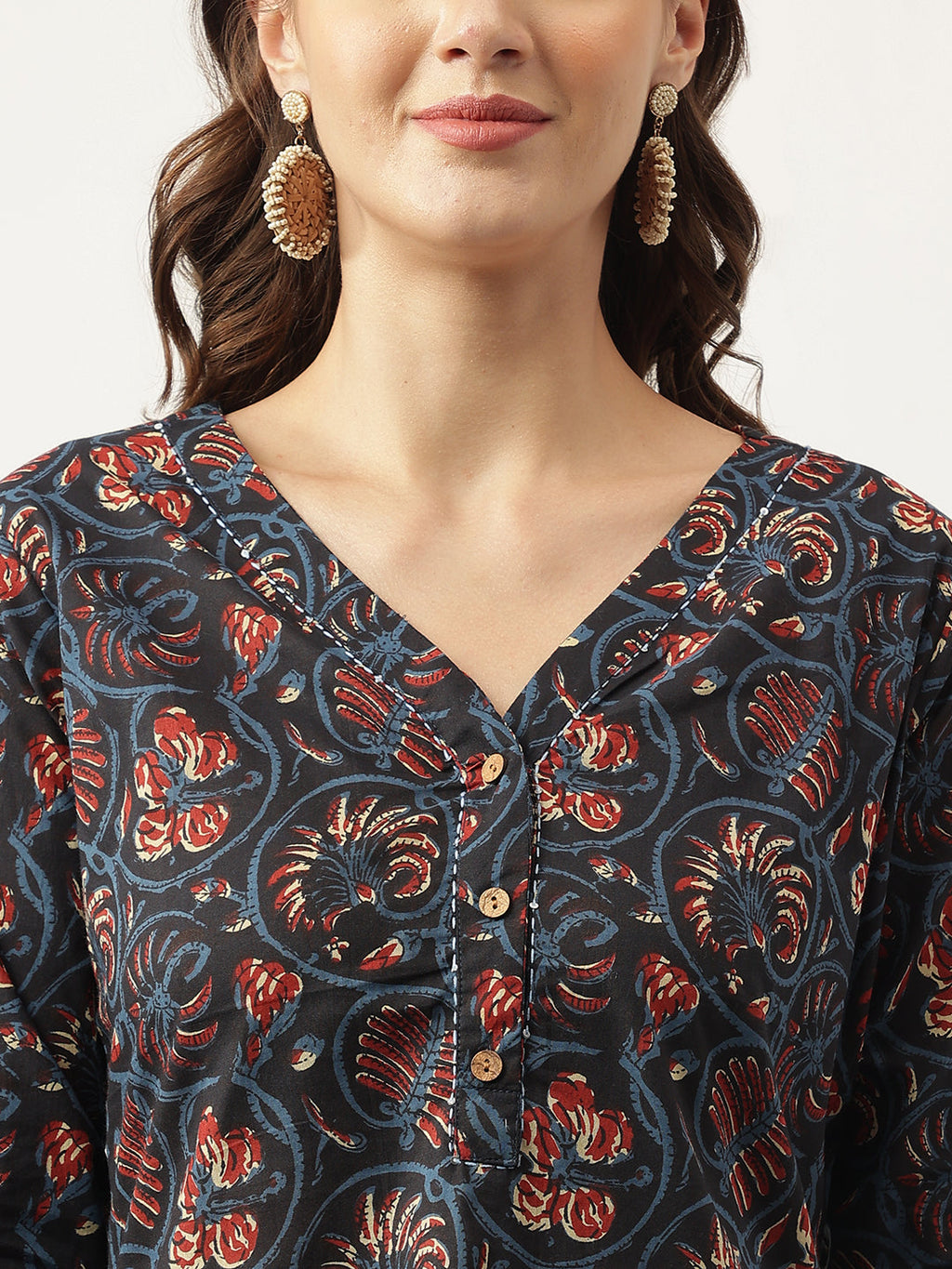Noe Velarro Navy Blue Floral Printed Cotton Peplum V-Neck Top