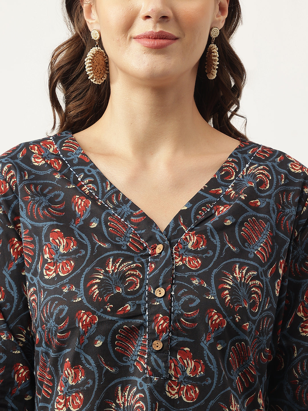 Noe Velarro Navy Blue Floral Printed Cotton Peplum V-Neck Top