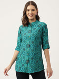Noe Velarro Turquoise Blue Printed Muslin Fold Sleeve top