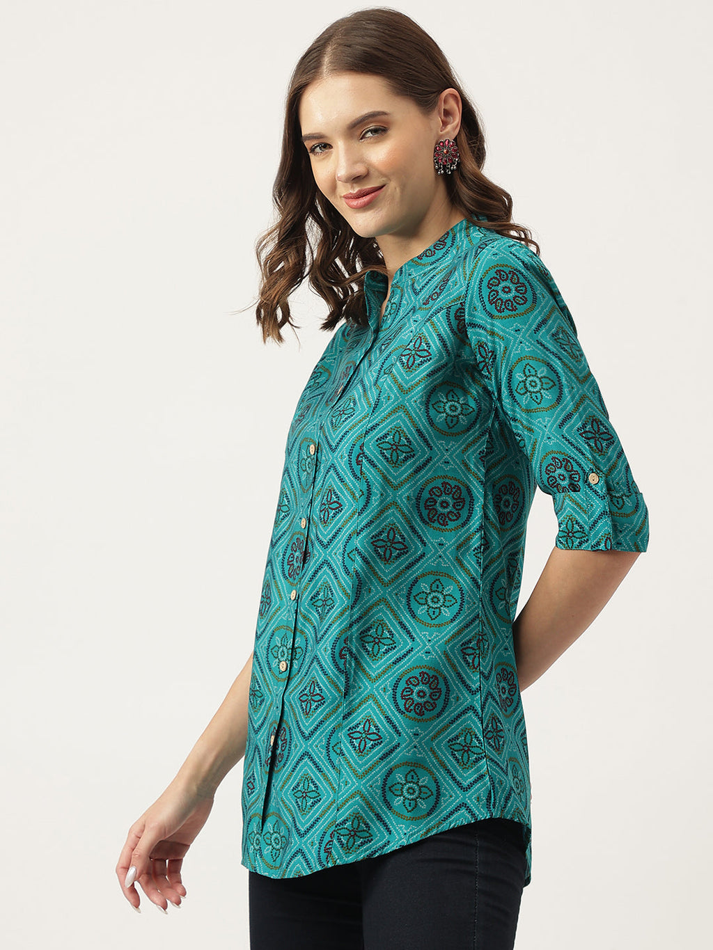 Noe Velarro Turquoise Blue Printed Muslin Fold Sleeve top