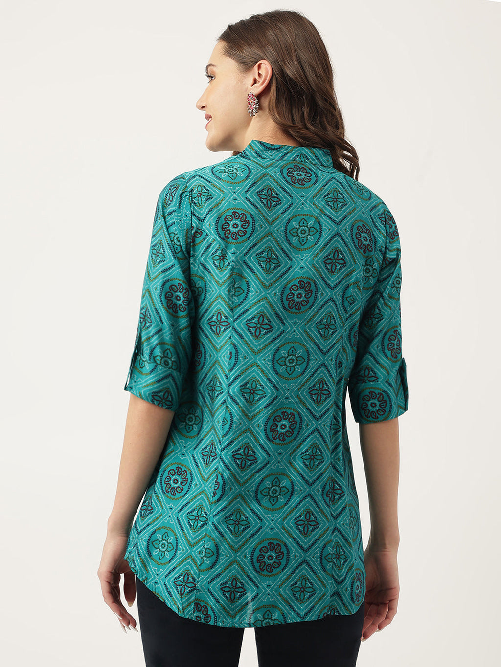 Noe Velarro Turquoise Blue Printed Muslin Fold Sleeve top