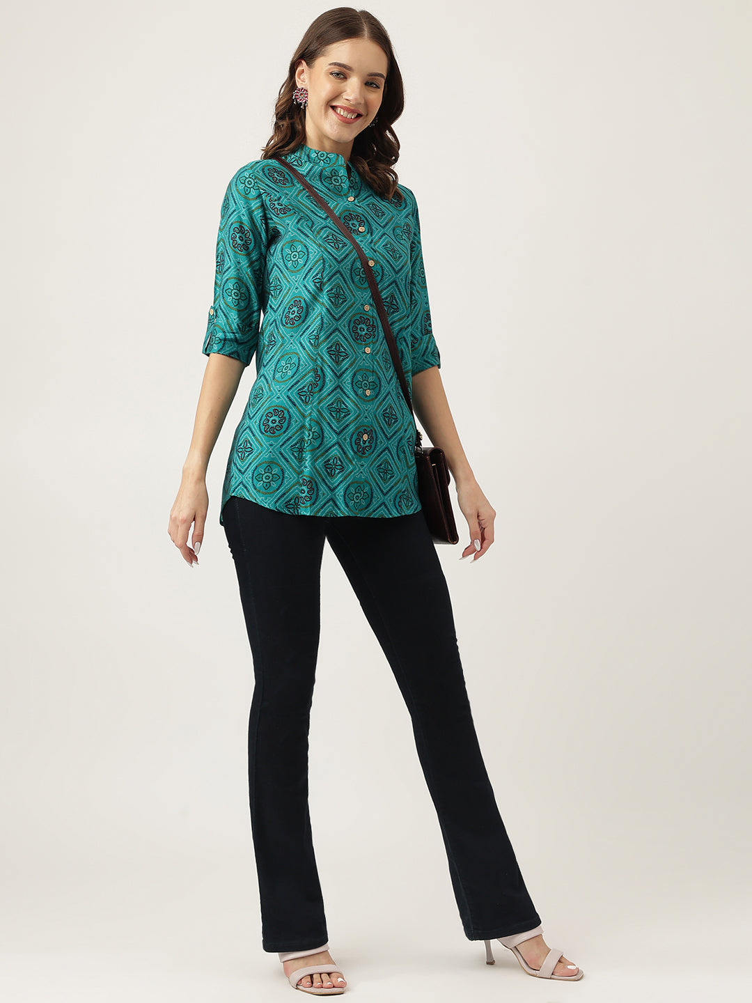 Noe Velarro Turquoise Blue Printed Muslin Fold Sleeve top