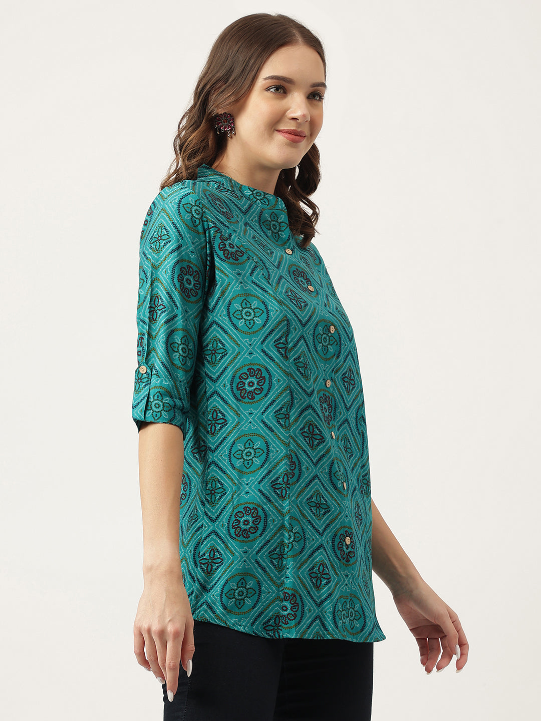 Noe Velarro Turquoise Blue Printed Muslin Fold Sleeve top