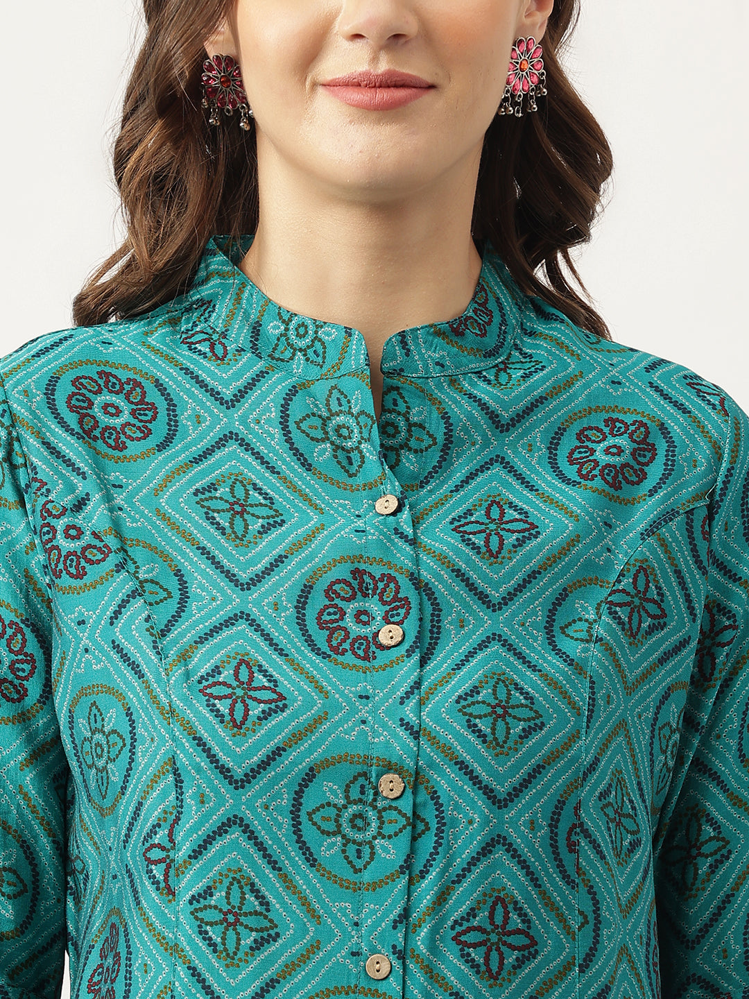 Noe Velarro Turquoise Blue Printed Muslin Fold Sleeve top