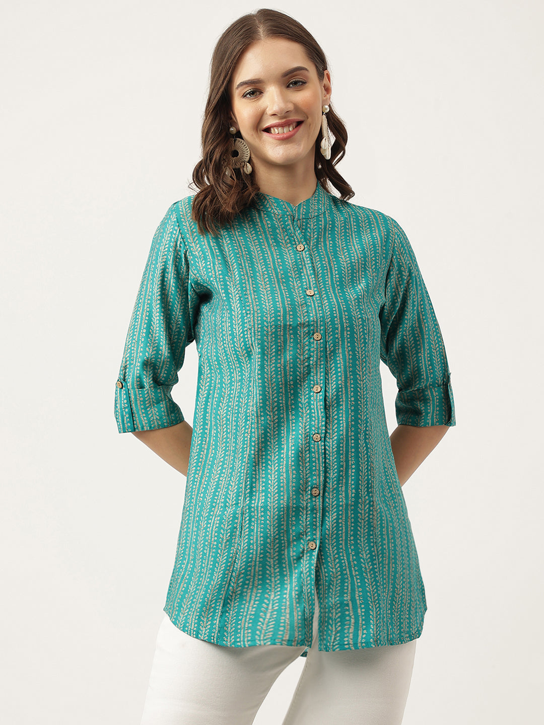 Noe Velarro Teal Blue Printed Muslin Fold Sleeve top