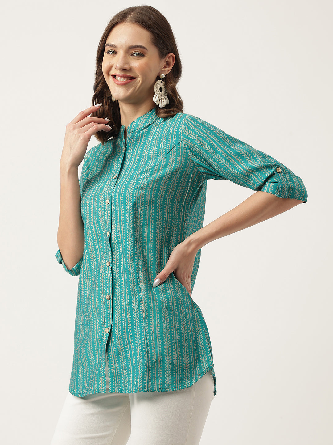 Noe Velarro Teal Blue Printed Muslin Fold Sleeve top