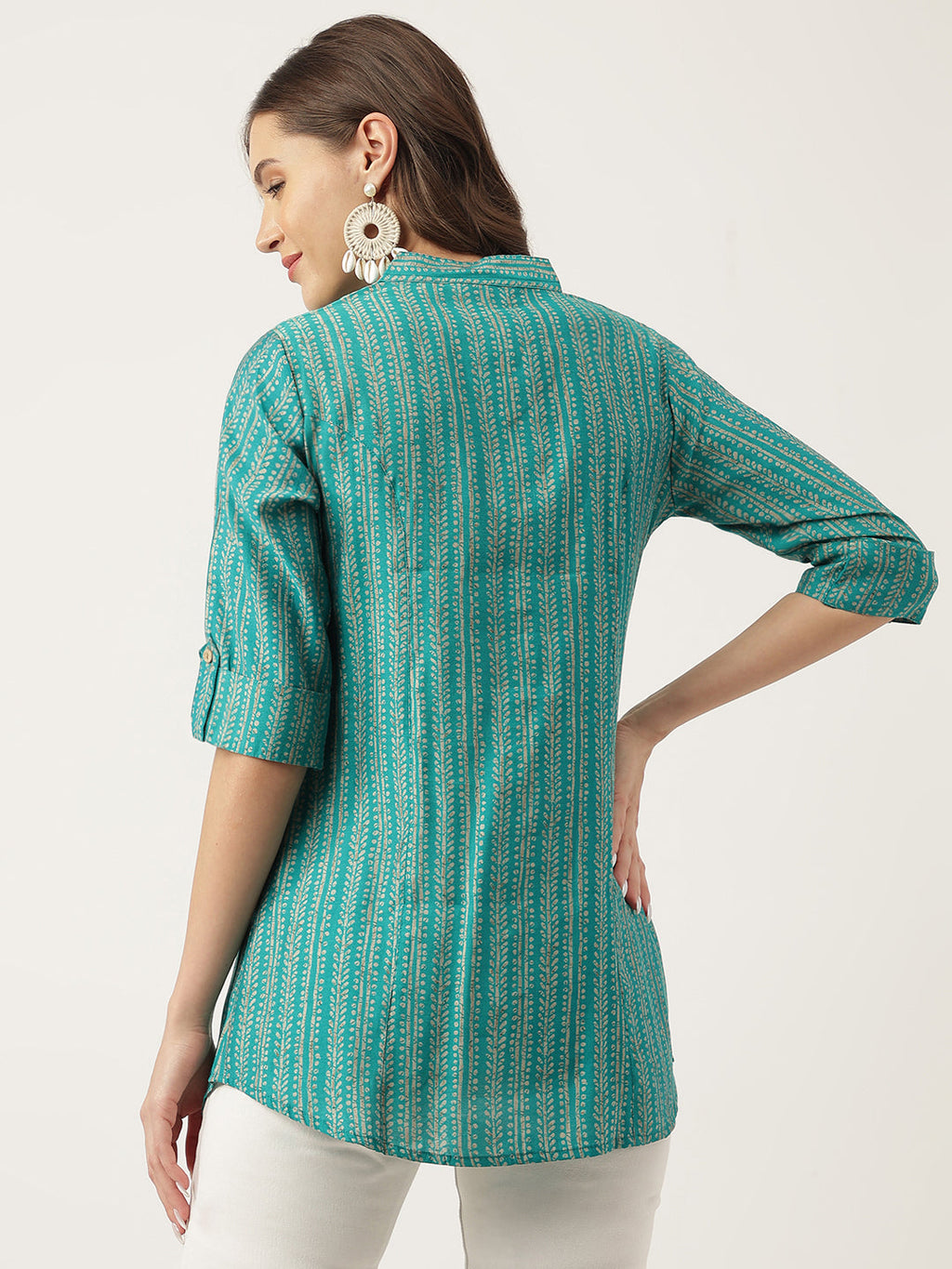 Noe Velarro Teal Blue Printed Muslin Fold Sleeve top