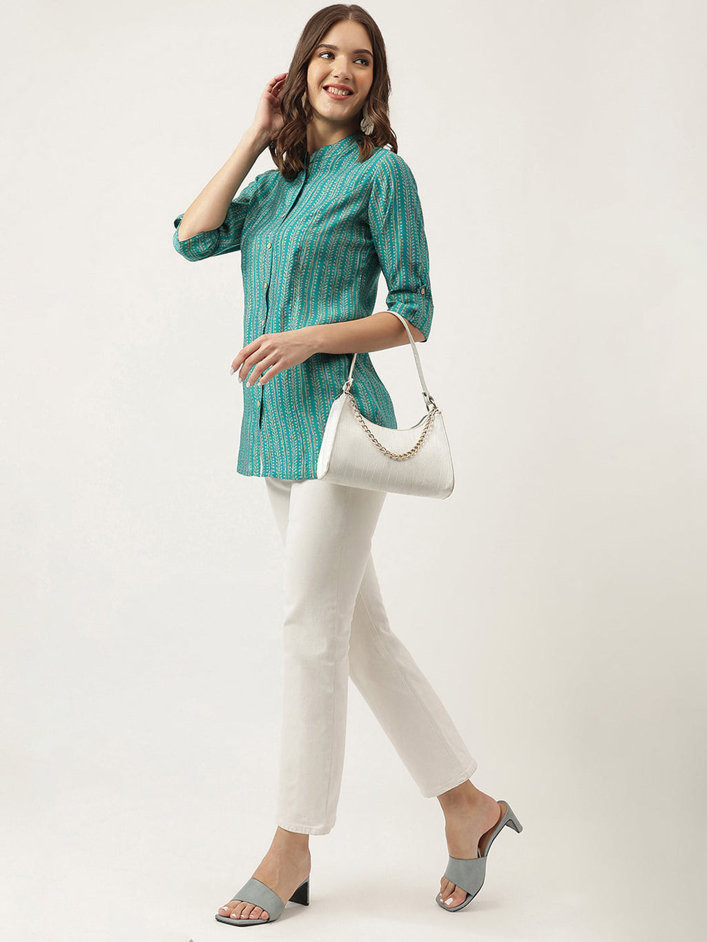 Noe Velarro Teal Blue Printed Muslin Fold Sleeve top
