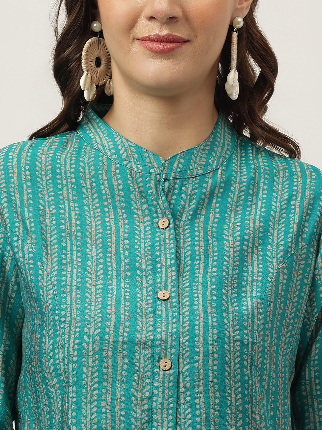 Noe Velarro Teal Blue Printed Muslin Fold Sleeve top