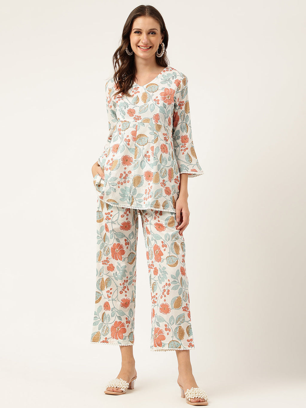 Noe Velarro Women Floral Printed Pure Cotton Tunic With Trousers