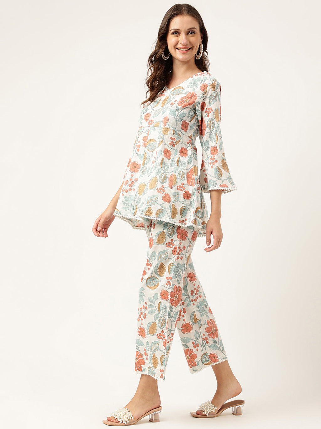 Noe Velarro Women Floral Printed Pure Cotton Tunic With Trousers