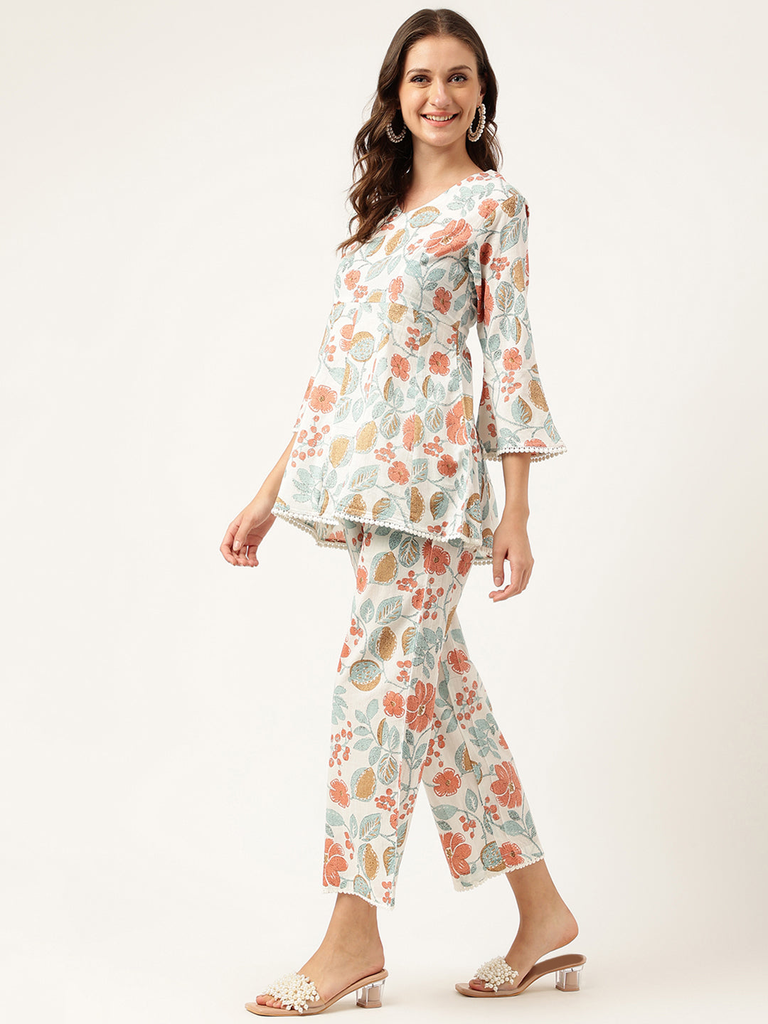 Noe Velarro Women Floral Printed Pure Cotton Tunic With Trousers