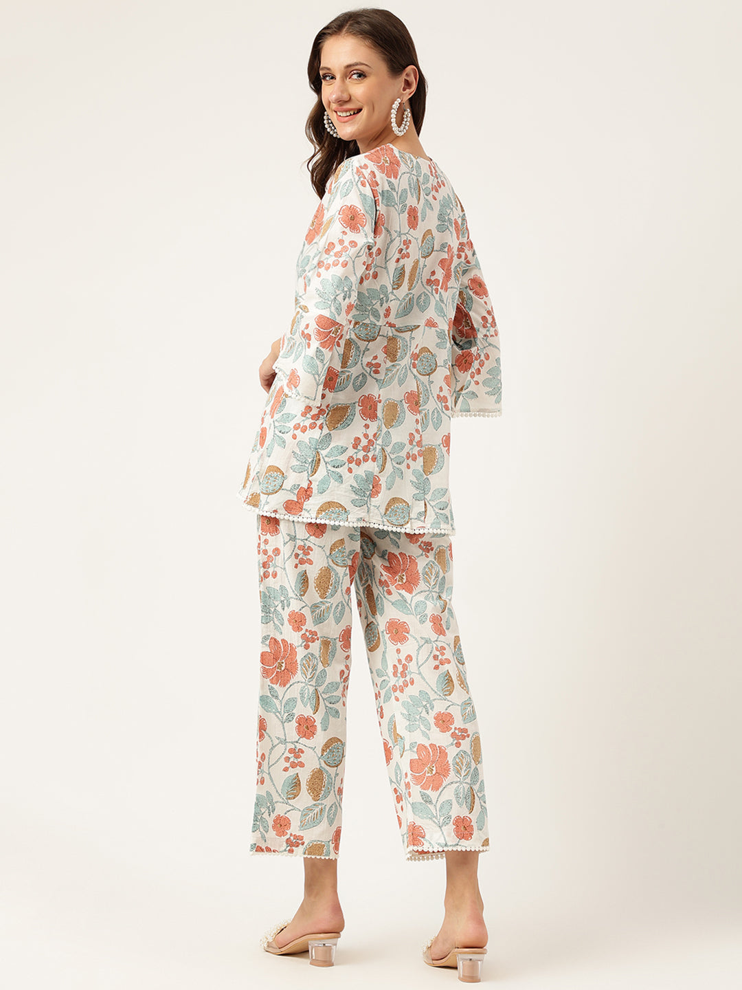 Noe Velarro Women Floral Printed Pure Cotton Tunic With Trousers