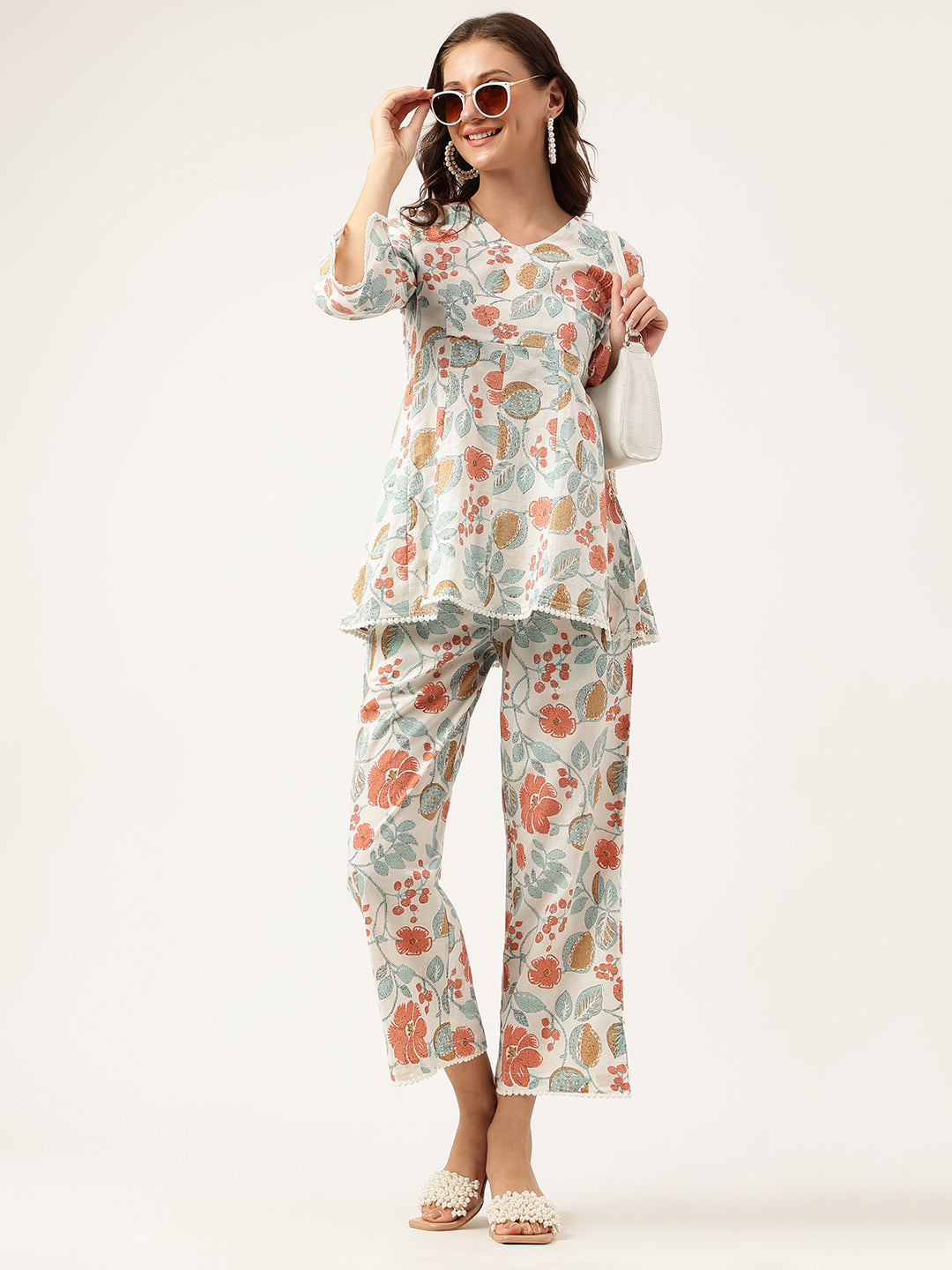 Noe Velarro Women Floral Printed Pure Cotton Tunic With Trousers