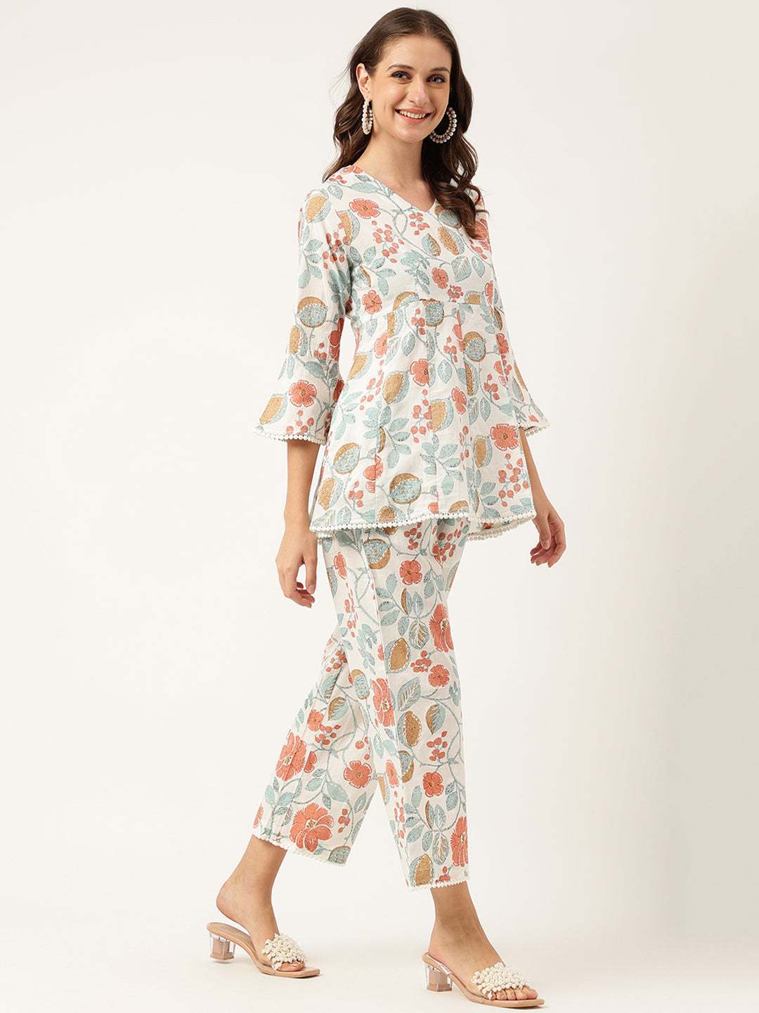 Noe Velarro Women Floral Printed Pure Cotton Tunic With Trousers