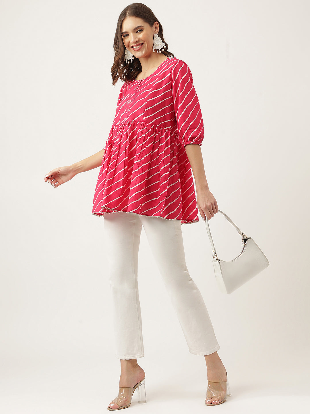 Noe Velarro Peach Ethnic Motif Print Modal Chanderi Top