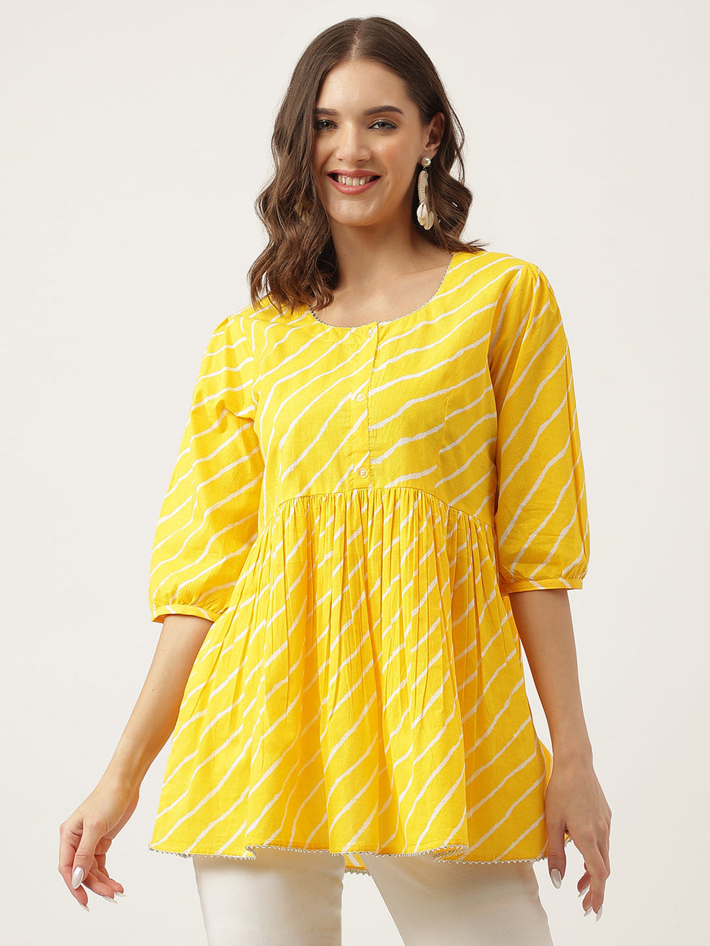 Noe Velarro Stripe Printed Yellow Regular Cotton Top