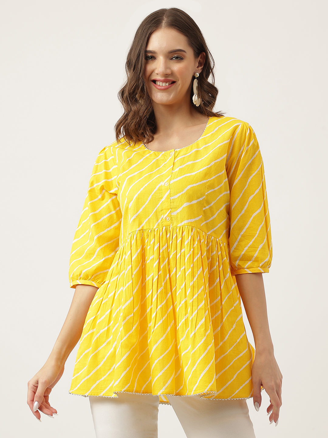 Noe Velarro Stripe Printed Yellow Regular Cotton Top