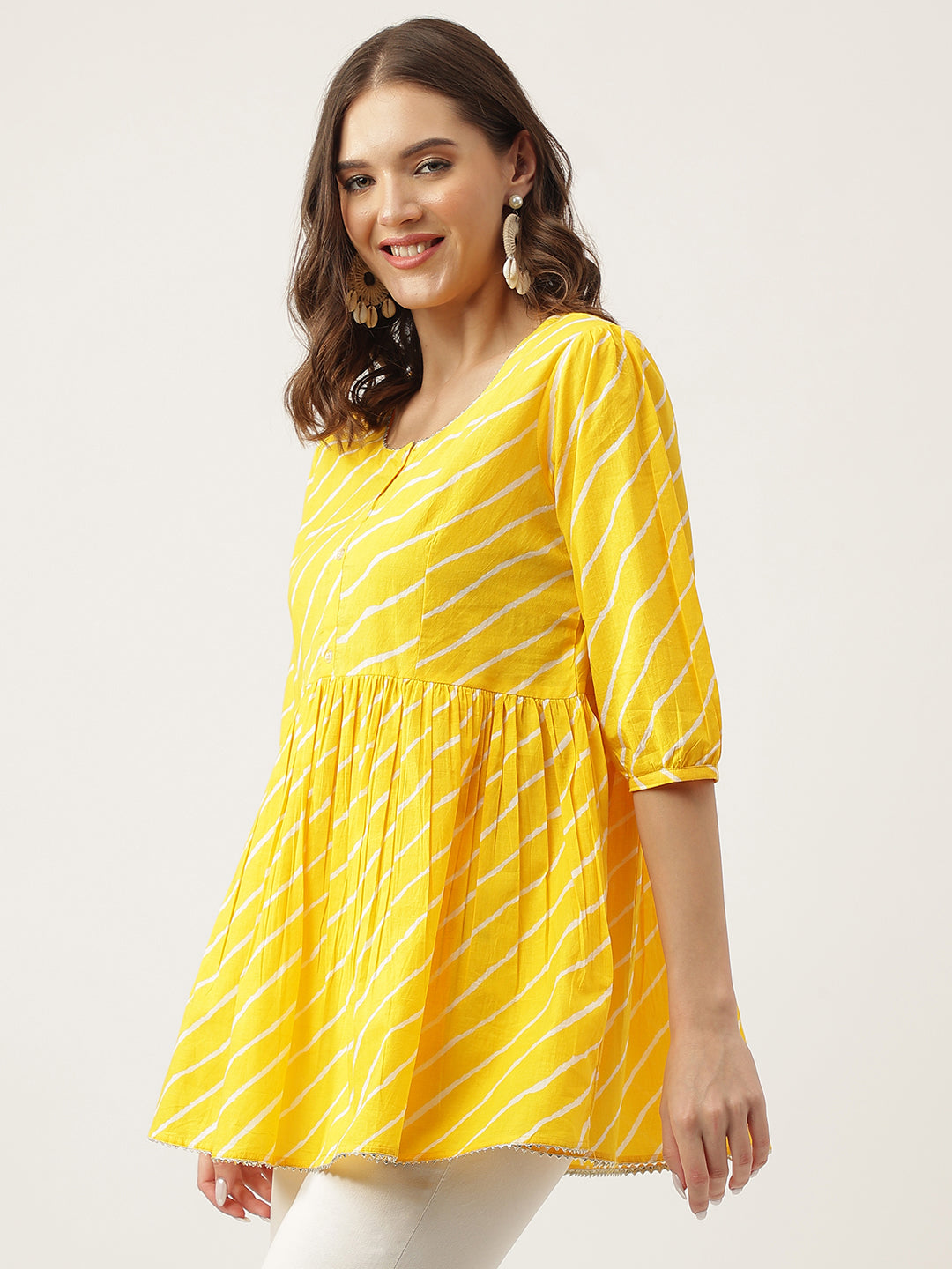 Noe Velarro Stripe Printed Yellow Regular Cotton Top