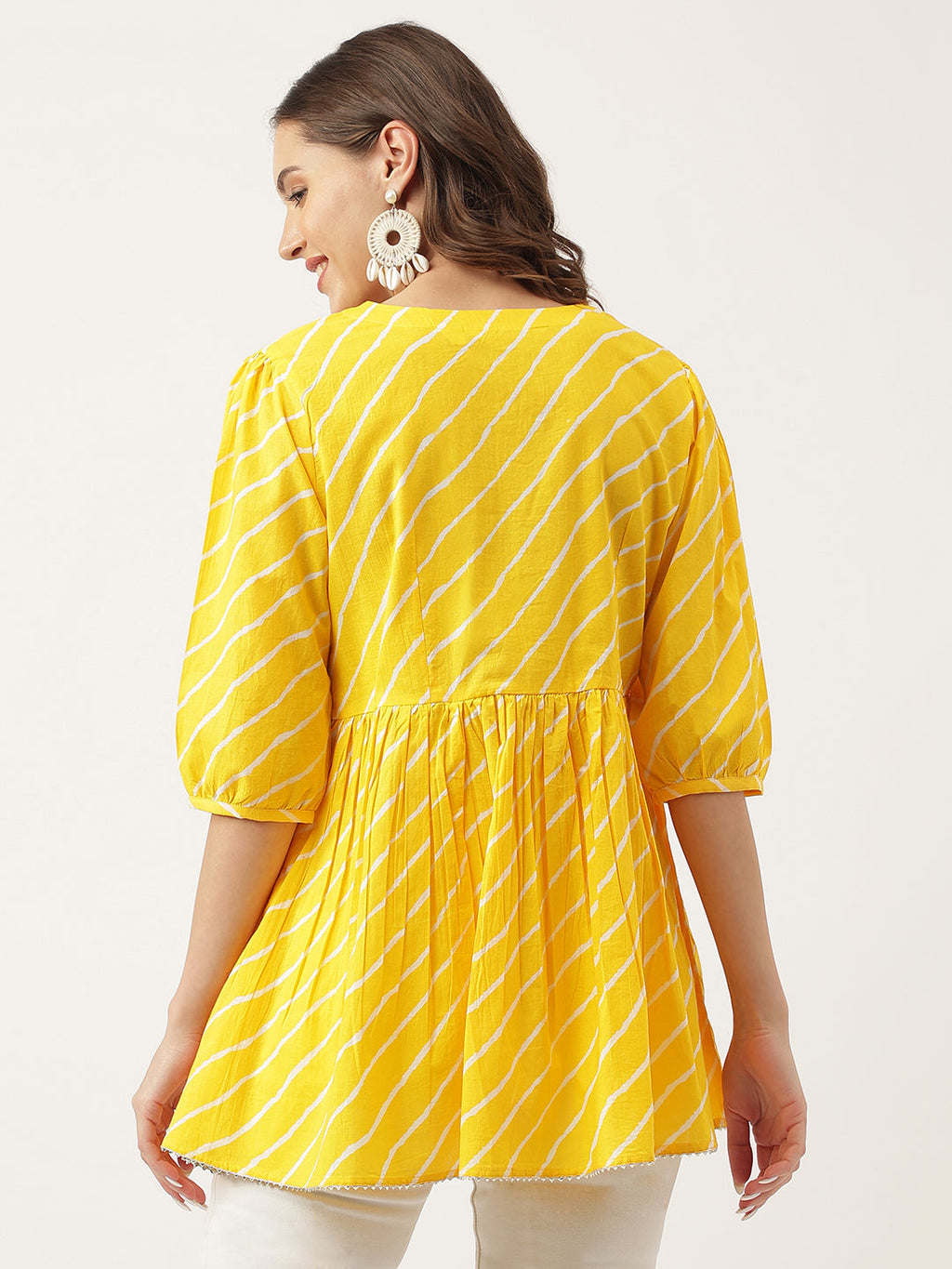Noe Velarro Stripe Printed Yellow Regular Cotton Top