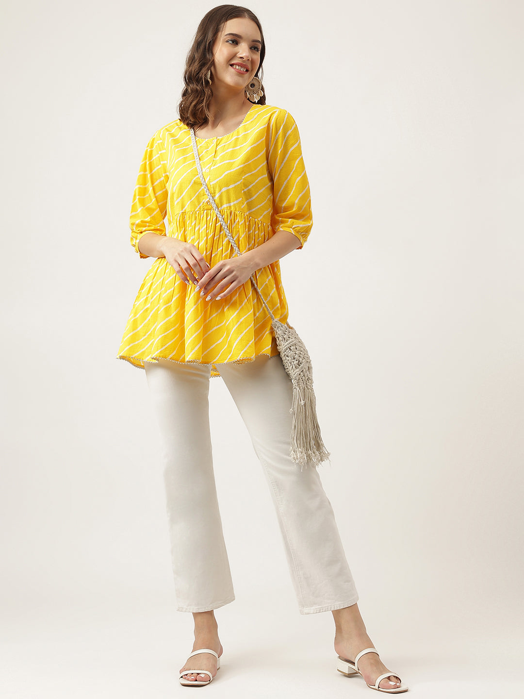 Noe Velarro Stripe Printed Yellow Regular Cotton Top