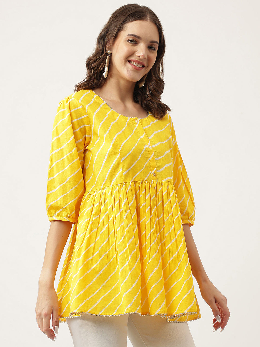 Noe Velarro Stripe Printed Yellow Regular Cotton Top