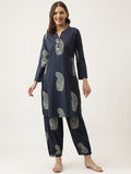 Noe Velarro Navy Cotton Paisley Print Kurta Hem Cuffed Pant set