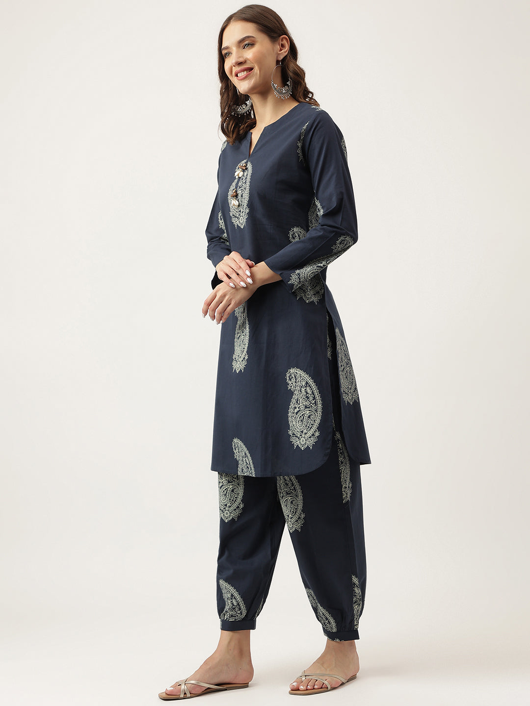 Noe Velarro Navy Cotton Paisley Print Kurta Hem Cuffed Pant set