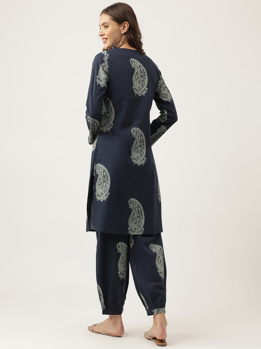Noe Velarro Navy Cotton Paisley Print Kurta Hem Cuffed Pant set