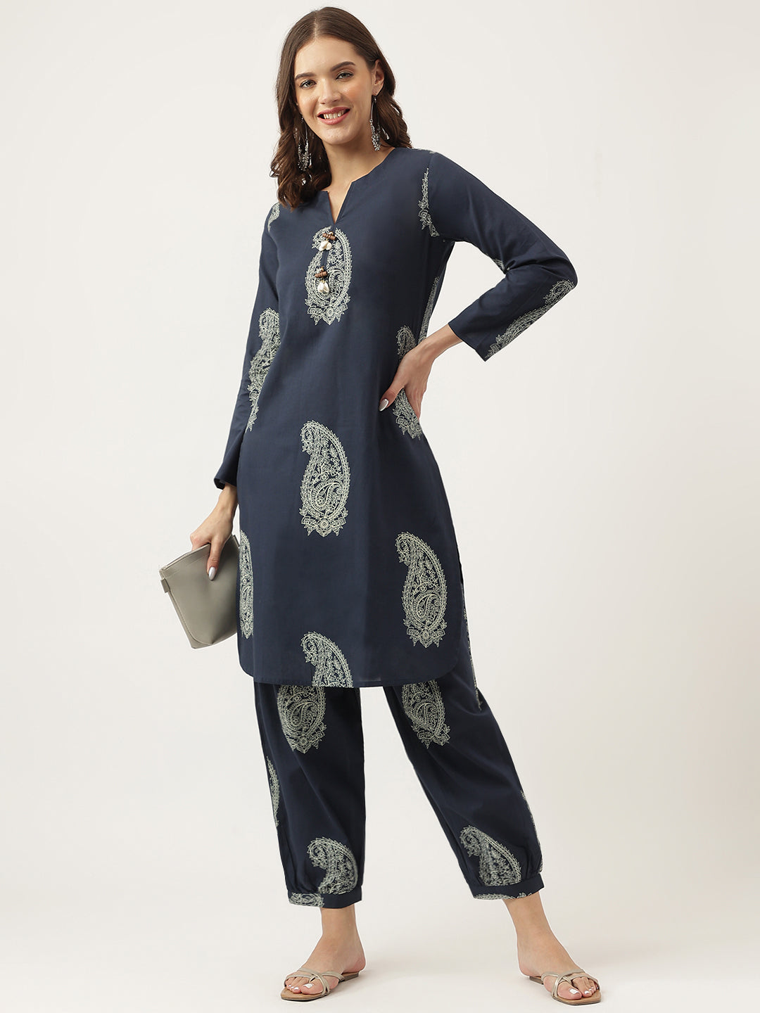 Noe Velarro Navy Cotton Paisley Print Kurta Hem Cuffed Pant set