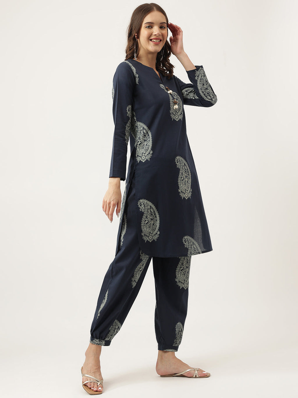 Noe Velarro Navy Cotton Paisley Print Kurta Hem Cuffed Pant set