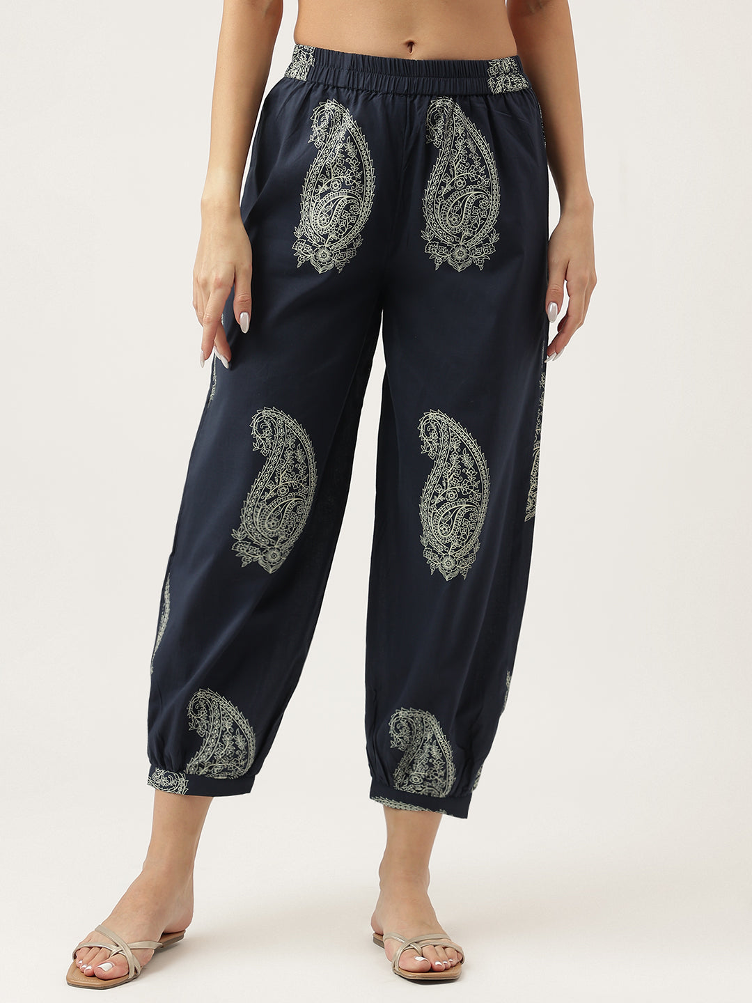 Noe Velarro Navy Cotton Paisley Print Kurta Hem Cuffed Pant set