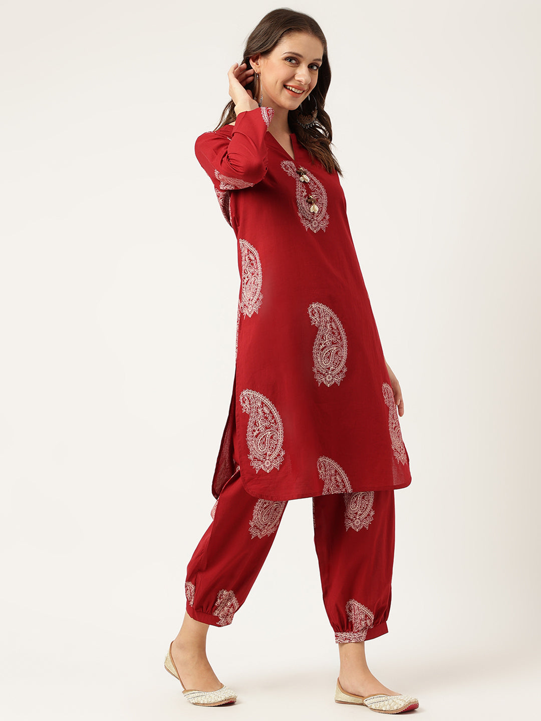 Noe Velarro Maroon Paisley Print Cotton Co-ord Set