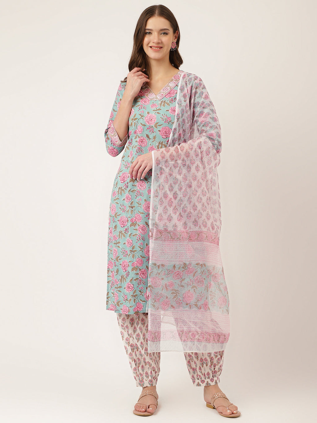 Noe Velarro Blue Hand Block Floral Print Cotton Kurta, Salwar With Dupatta