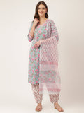 Noe Velarro Blue Hand Block Floral Print Cotton Kurta, Salwar With Dupatta