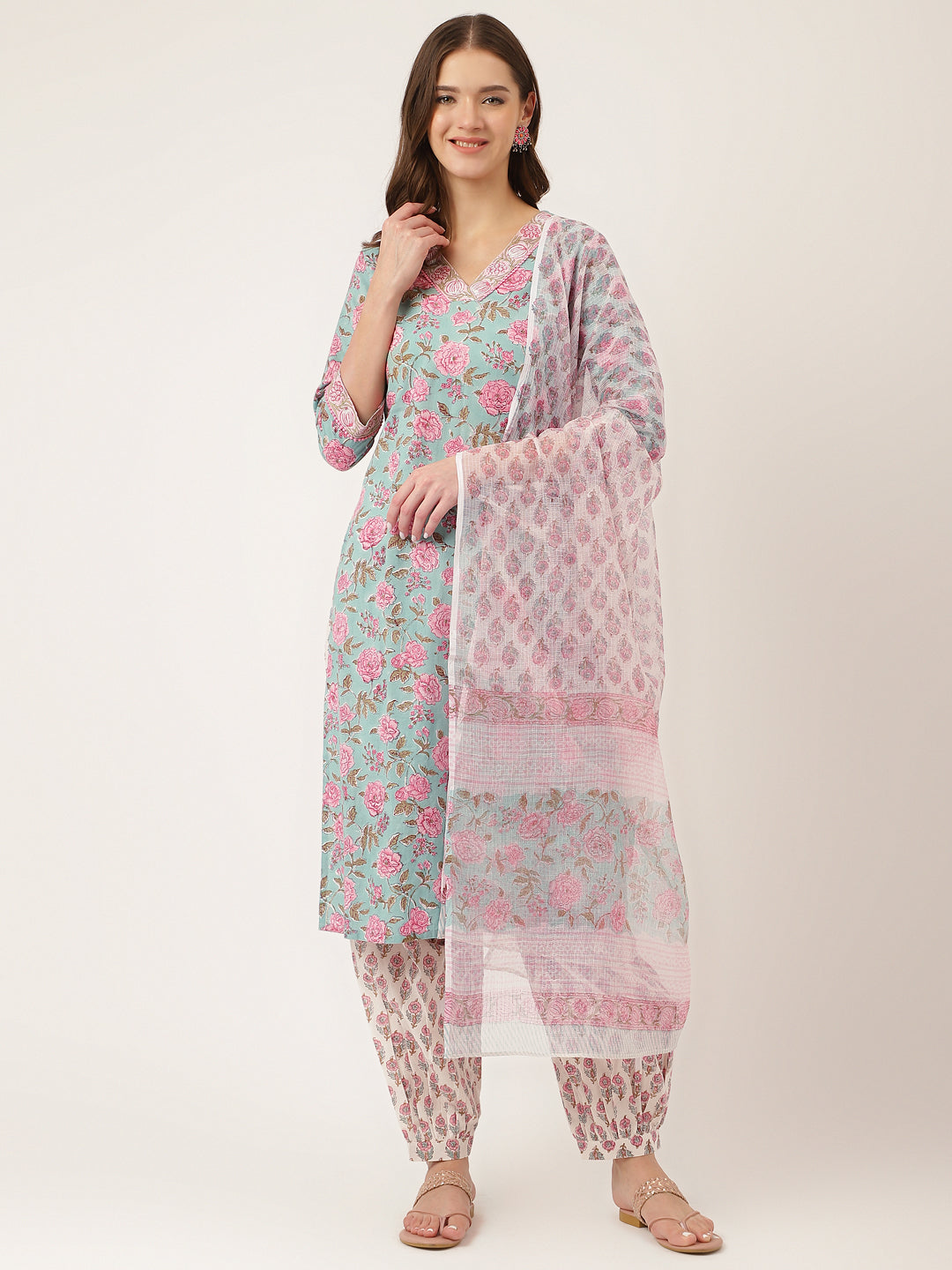 Noe Velarro Blue Hand Block Floral Print Cotton Kurta, Salwar With Dupatta