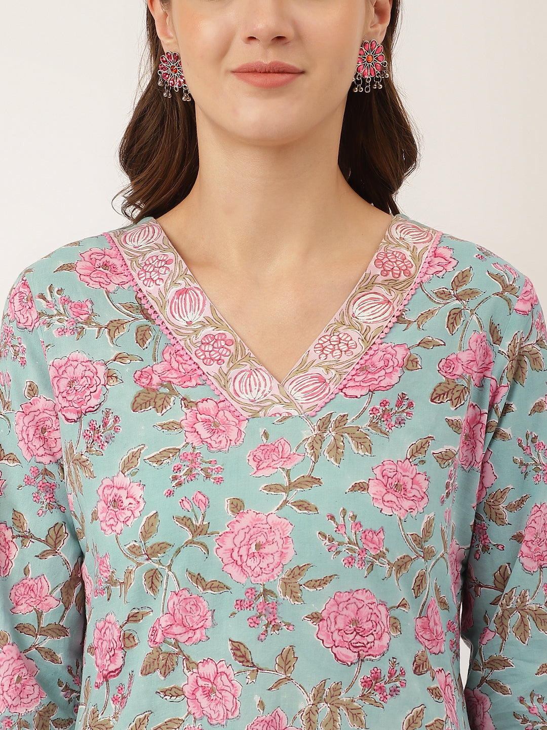 Noe Velarro Blue Hand Block Floral Print Cotton Kurta, Salwar With Dupatta