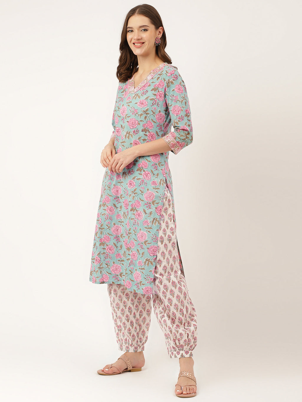 Noe Velarro Blue Hand Block Floral Print Cotton Kurta, Salwar With Dupatta